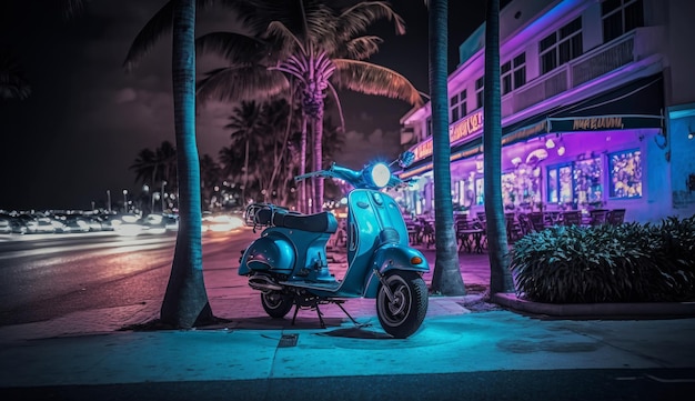 Ciclomotor scooter en ocean drive miami beach por la noche con luces de neón