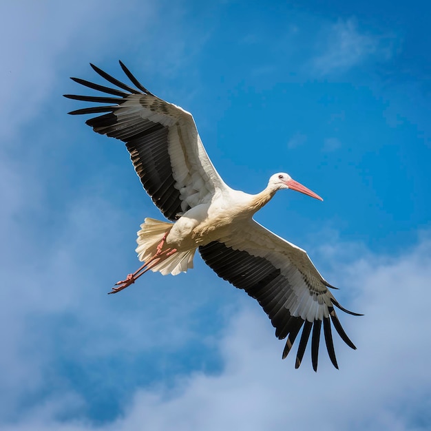 Ciconia de la cigüeña blanca europea volando en el cielo azul y nublado