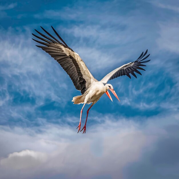 Ciconia de la cigüeña blanca europea volando en el cielo azul y nublado