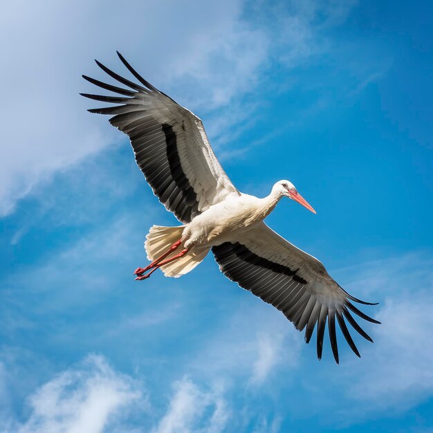 Foto cicônia de cegonha branca europeia voando no céu azul e nublado