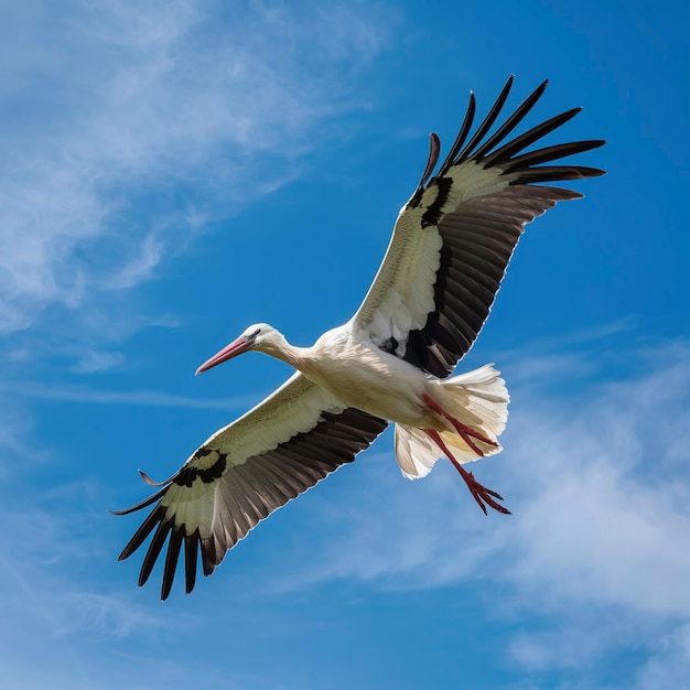 Foto cicônia de cegonha branca europeia voando no céu azul e nublado