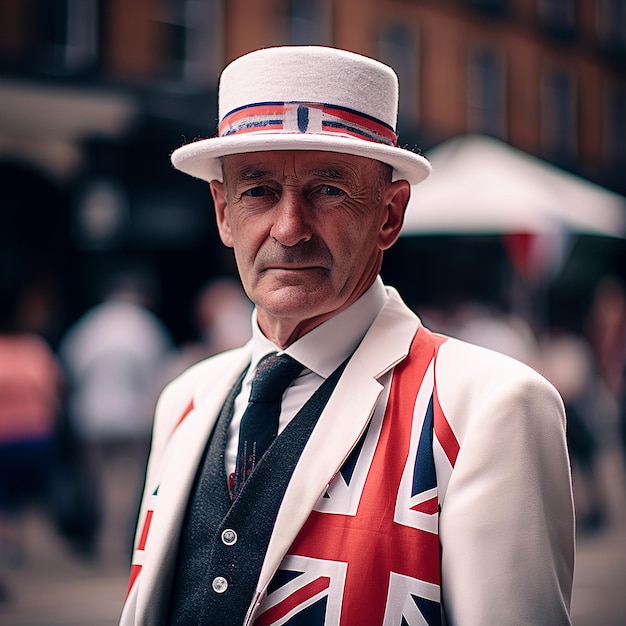 cidadão britânico estereotipado com fundo de bandeira da Inglaterra