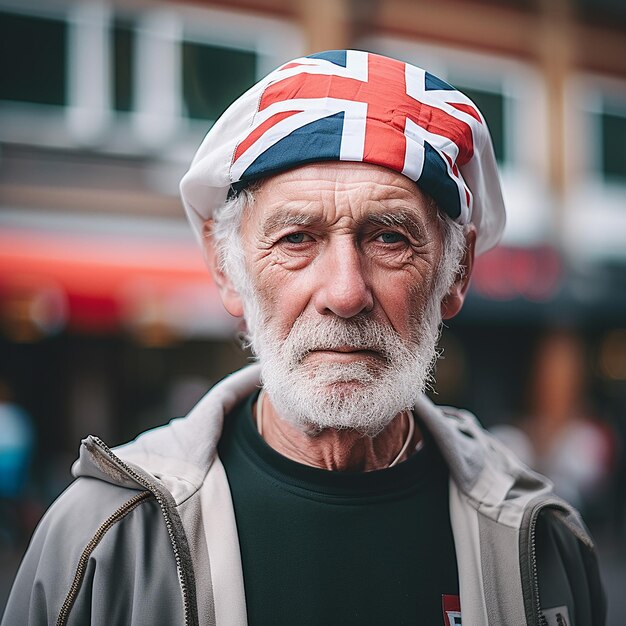 Foto cidadão britânico estereotipado com fundo de bandeira da inglaterra