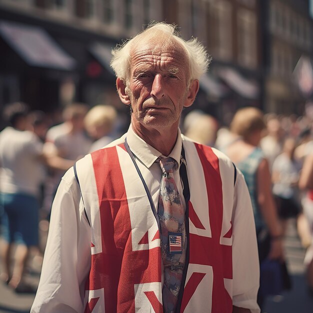 cidadão britânico estereotipado com fundo de bandeira da Inglaterra