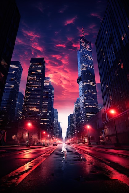 cidade à noite arranha-céus imponentes perfuram a escuridão luz de carro infraestrutura urbana