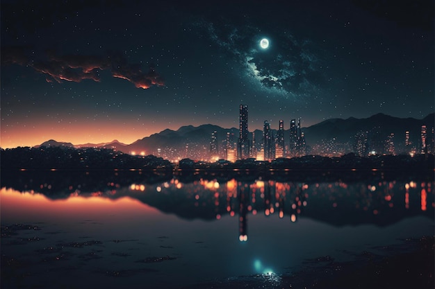 Cidade à noite com lua cheia no céu generativo ai