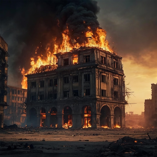 Cidade abandonada e edifício enferrujado queimado em um conceito de fogo flamejante de guerra e cidade destruída
