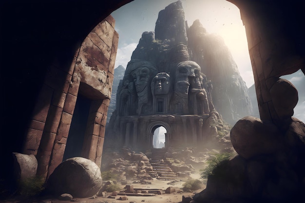 Cidade Antiga Fantasia megalítica Ruínas Arquitetura de pedra ciclópica Petra Angkor Wat Machu Picchu Ilustração 3d