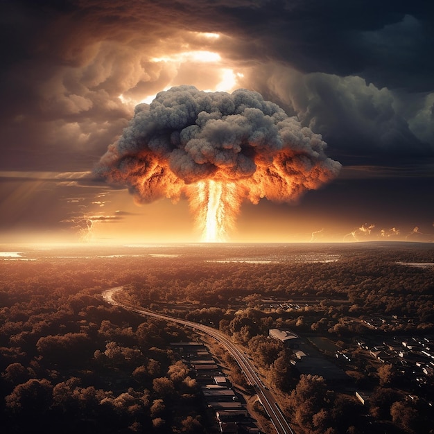 Cidade australiana pós-apocalíptica nuvem de cogumelo nuclear IA generativa