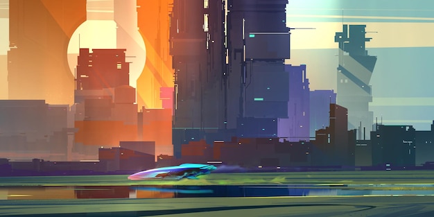 Cidade brilhante desenhada do futuro ao nascer do sol no estilo cyberpunk