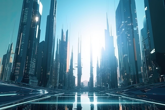 Cidade brilhante futurista moderna com arranha-céus altos e tecnologia moderna Generative AI