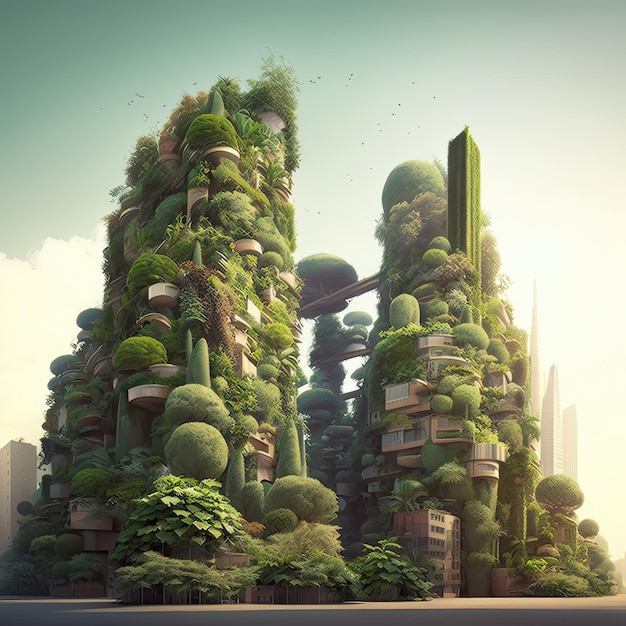 Cidade cercada por uma densa floresta com os arranha-céus parecendo ser quase inteiramente construídos em madeira Esta cidade ecológica é uma prova da beleza da IA