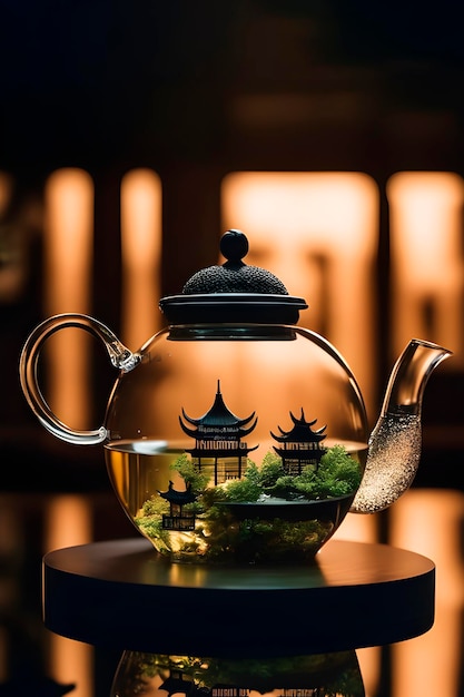 cidade chinesa dentro de um bule com chá cerimônia do chá chinês