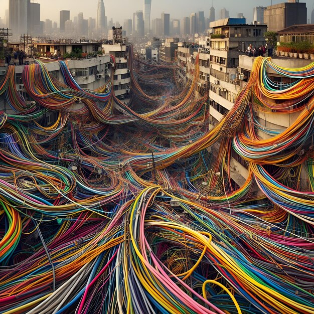 Foto cidade com cabos elétricos