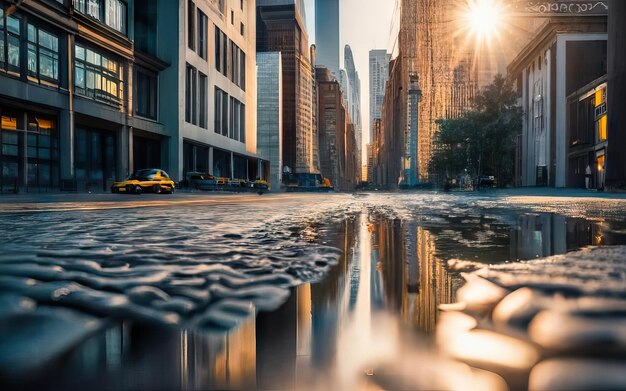 Cidade com edifícios altos e ruas movimentadas