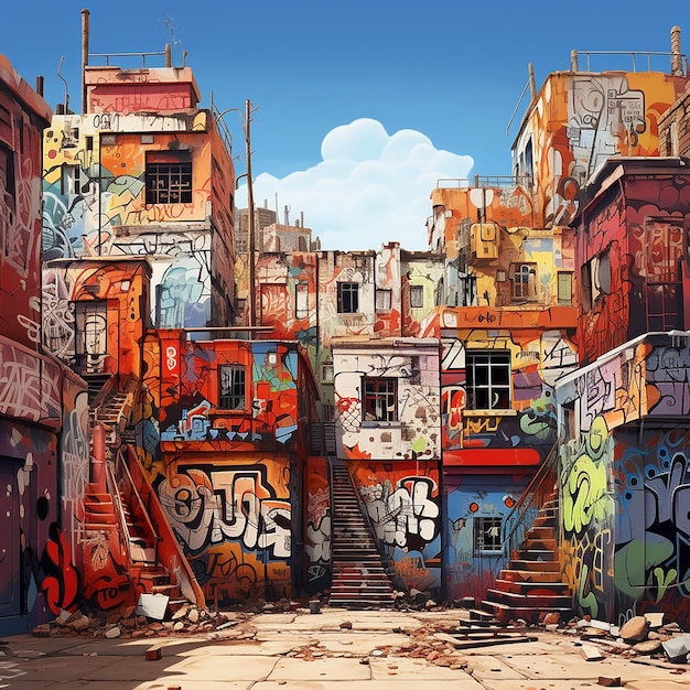 Foto cidade com paredes pintadas com graffiti