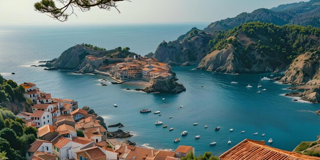 Cidade costeira idílica com vista para uma baía serena ideal para viagens e cartões postais de estilo mediterrâneo AI