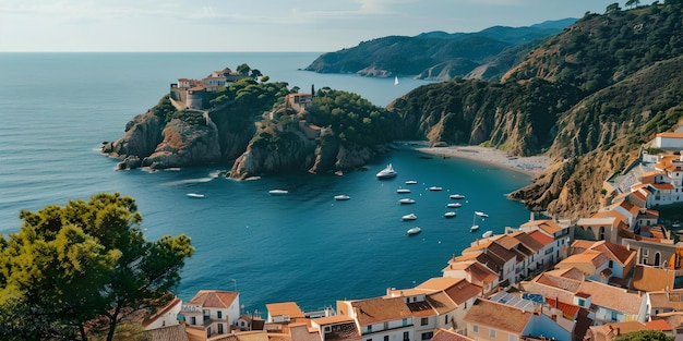 Cidade costeira pitoresca com vista para uma baía serena com barcos vista tranquila do mar capturada em um dia ensolarado destino de viagem ideal imagem AI