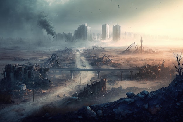 Cidade da Morte envolta em névoa Vista de cima da cidade demolida Ideia apocalíptica