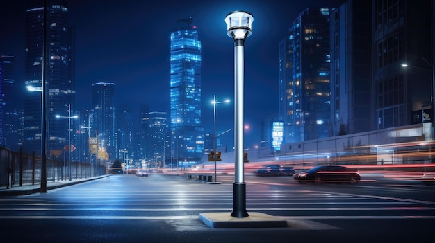 Cidade das Luzes Um moderno poste de iluminação de rua LED ilumina a paisagem noturna urbana, misturando tecnologias de ecoenergia com a cidade vibrante