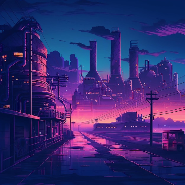 Cidade de anime com um trem passando à noite generative ai