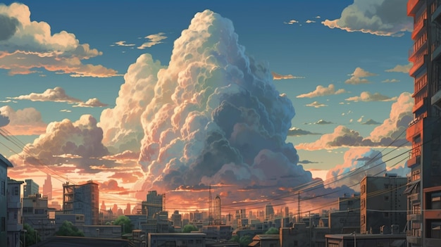 Cidade de anime com uma enorme nuvem no céu