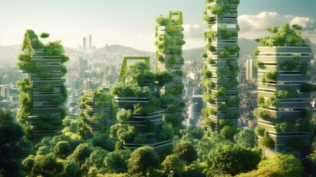 Cidade de consciência ambiental com conceito de floresta vertical de metrópole coberta com plantas verdes Arquitetura civil e combinação de vida biológica naturalGenerative AI image weber
