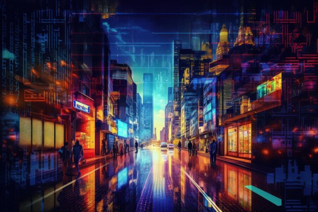 cidade de dados de IA de inteligência artificial com fundo de luz neon