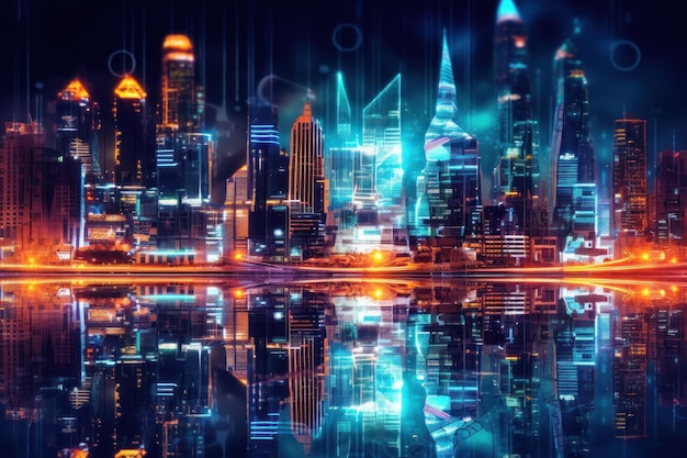 cidade de dados de IA de inteligência artificial com fundo de luz neon