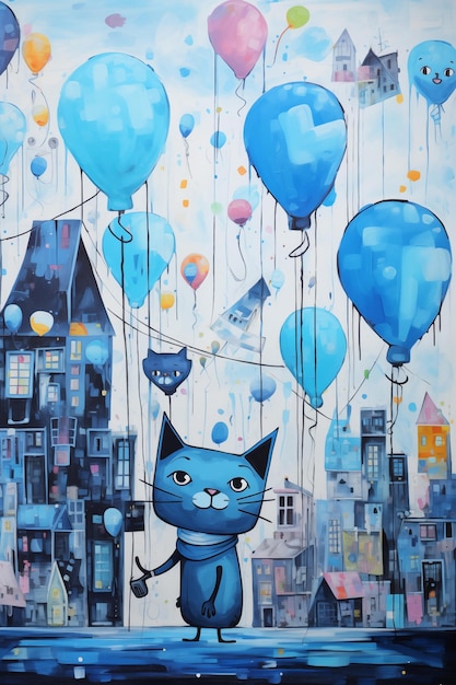 Cidade de desenho animado azul incrível com céu azul com vários balões e standing desenho animado gatinho bonito