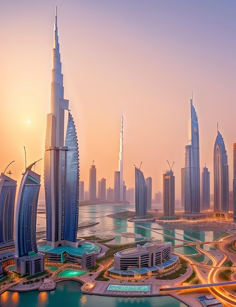 Foto cidade de dubai com o pôr-do-sol no fundo