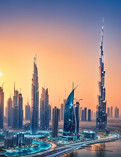 Foto cidade de dubai com o pôr-do-sol no fundo