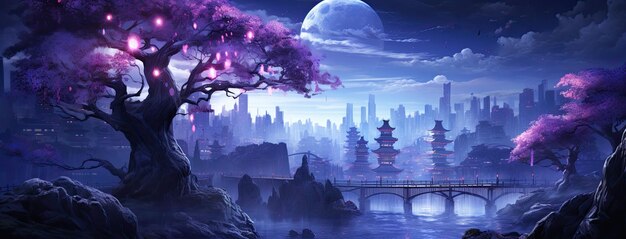 Cidade de fantasia à noite paisagem japonesa luz de néon edifícios residenciais grande árvore de sakura