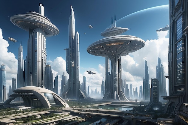 Foto cidade de ficção científica com arranha-céus gigantes e naves espaciais voadoras