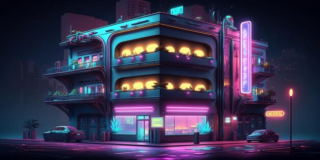 Cidade de fusão colorida com luzes de néon e arquitetura futurista Generative AI