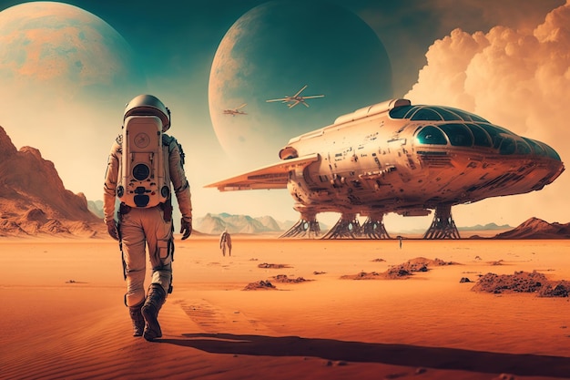 Cidade de imagem de fantasia futurista construindo em navios voadores de Marte com astronauta