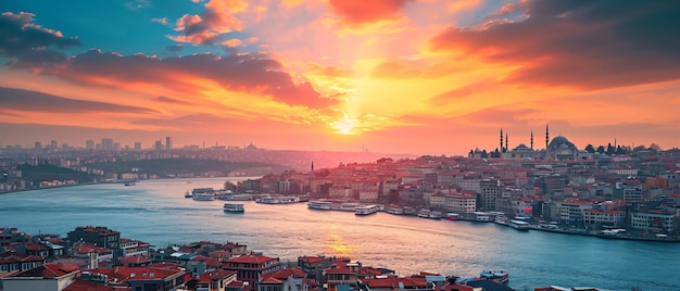 Foto cidade de istambul bela vista panorâmica do pôr-do-sol