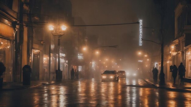 Cidade de neblina noturna em fundo abstrato de luzes nas ruas