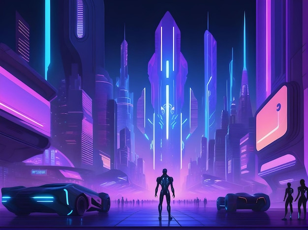 Cidade de Neon futurista com veículos modernos e conceito de pedestres