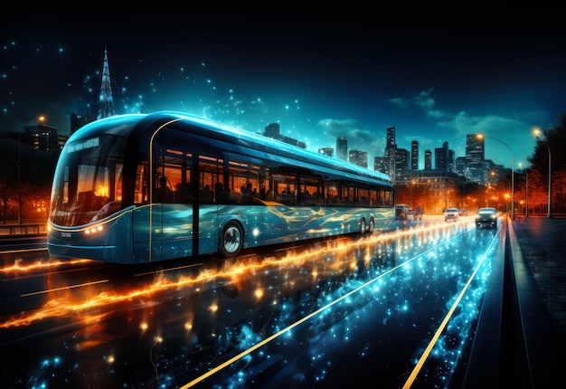 Cidade de ônibus elétricos que circulam à noite