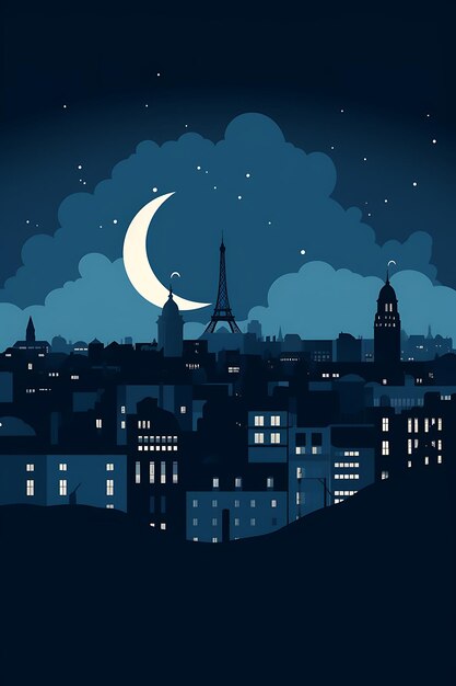 Cidade de PARIS e lua iluminadas à noite ilustração