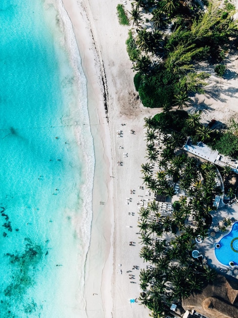 Foto cidade de tulum, méxico, praia e mar do caribe vista de tiro com drone férias no paraíso bela riviera maia palmeiras e costa da selva américa continente