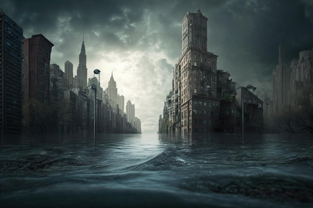 Cidade destruída e inundada pela água do mar conceito de apocalipse fim do mundo Generative AI