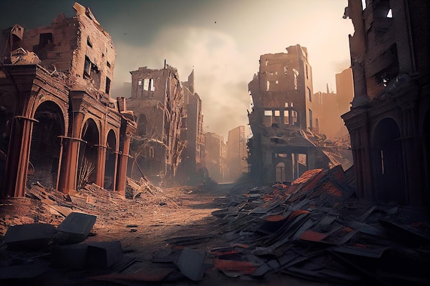 Cidade destruída Zona de guerra pós-apocalíptica criada com tecnologia Generative AI