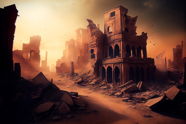 Cidade destruída Zona de guerra pós-apocalíptica criada com tecnologia Generative AI