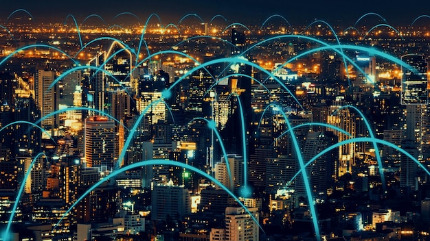 Foto cidade digital inteligente com gráfico abstrato de globalização mostrando a rede de conexão