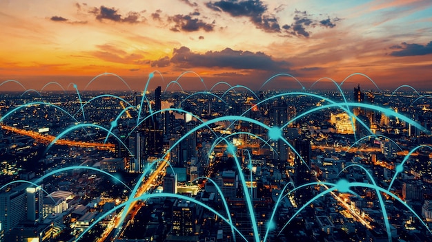 Foto cidade digital inteligente com gráfico abstrato de globalização mostrando rede de conexão