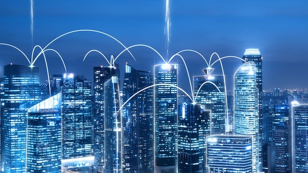 Cidade digital inteligente com gráfico abstrato de globalização mostrando rede de conexão
