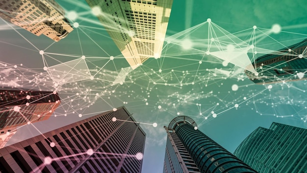 Cidade digital inteligente visual imaginativa com gráfico abstrato de globalização mostrando a rede de conexão
