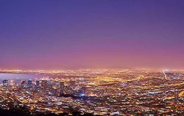 Cidade do Cabo após o pôr do sol uma vista da paisagem urbana de Signal Hill África do Sul Luzes brilhantes sobre uma paisagem da cidade em uma bela noite de verão panorâmica da cidade Edifícios e ruas iluminados